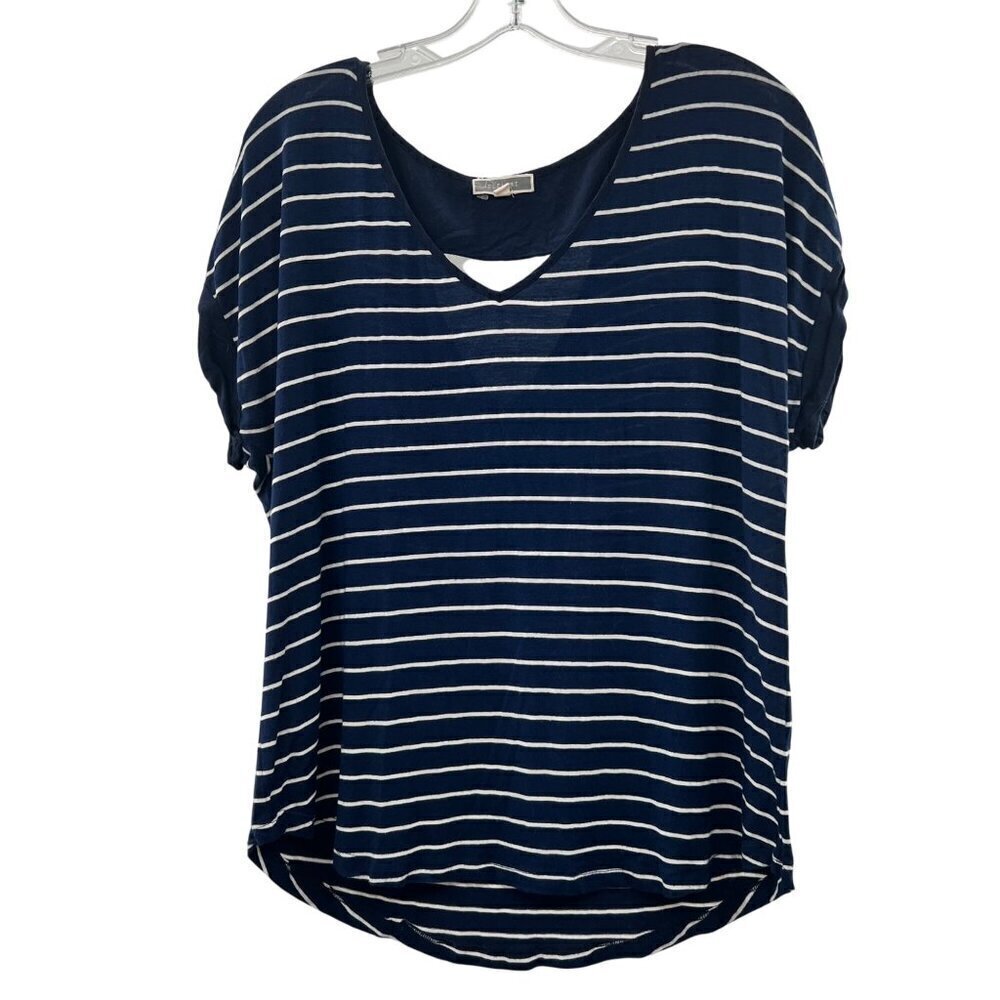 Pleione Women's V-Neck Short Sleeve Striped Top Cut Out Back Navy/White Large
